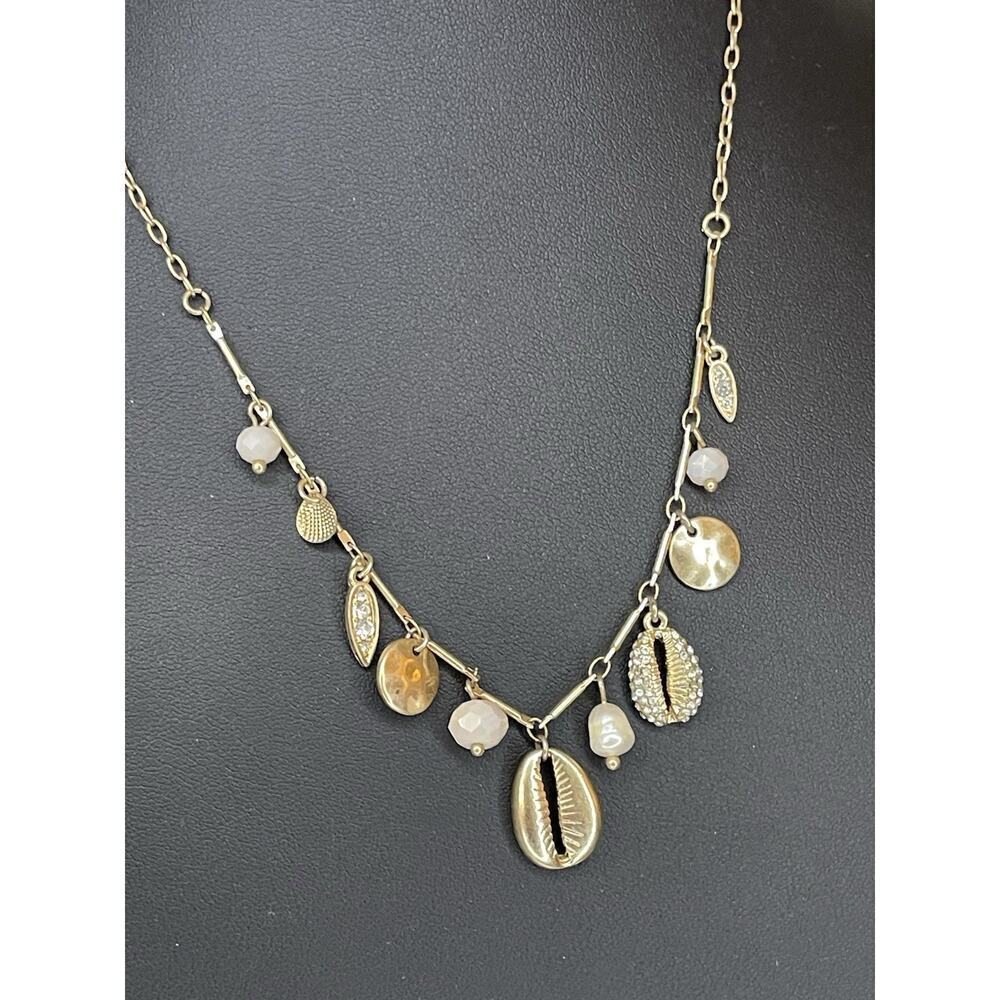 Rhinestone Gold Sea Shell Charms And White Pearl Beads Necklace Beach